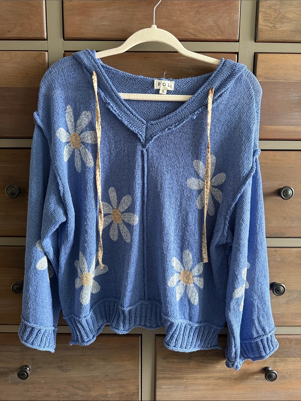 POL Blue Daisy Knit Hoodie Sweater